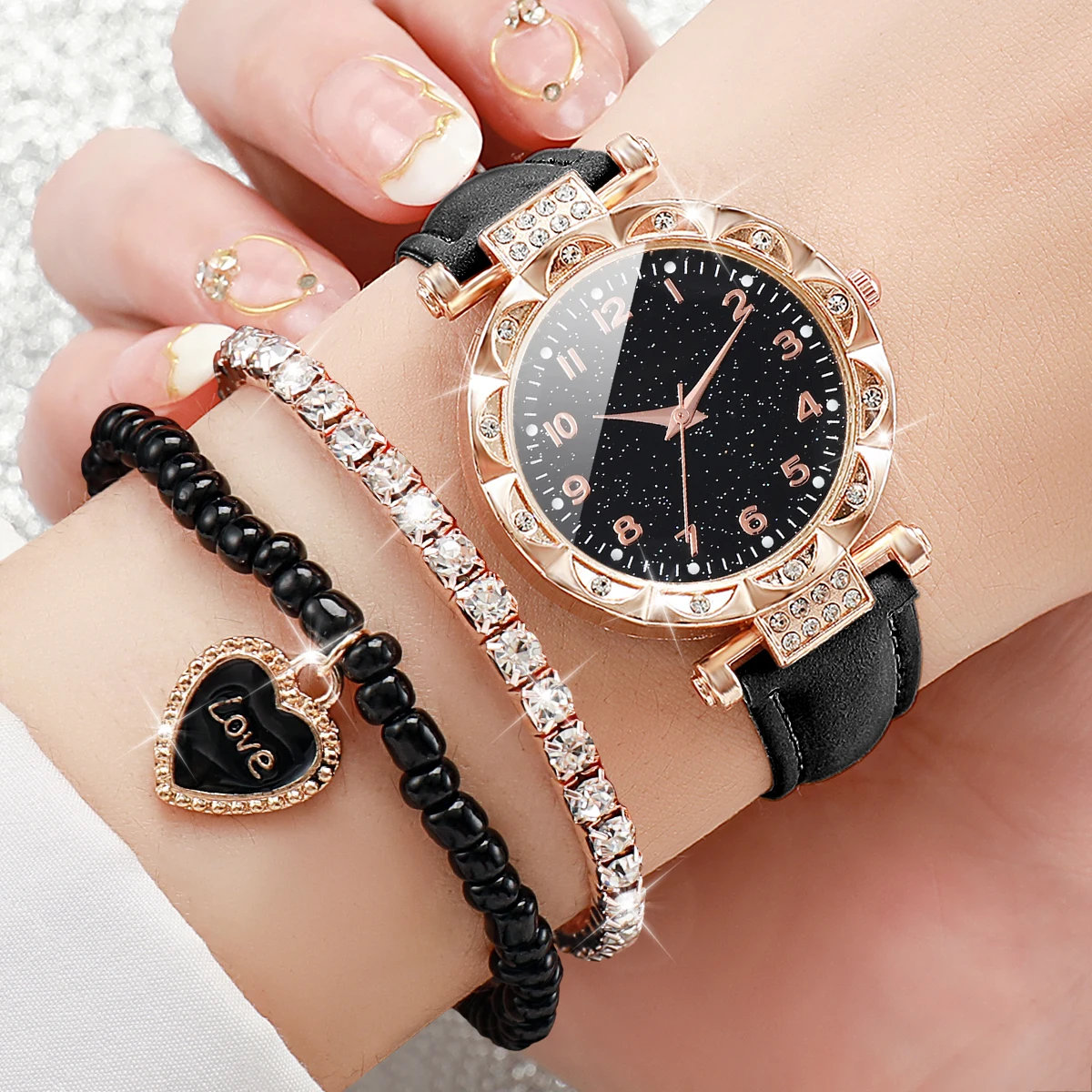 3PCS/Set Fashion Rhinestone Women's Watch Casual Leather Band Analog Quartz Watches Bracelets Set image 2