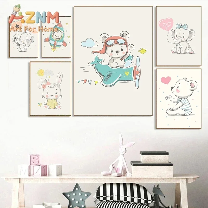 1pc frameless Cute Cartoon Animal Elephant Rabbit Bear with Rocket Balloon Art Poster Canvas Painting Wall Prints Picture Kids R