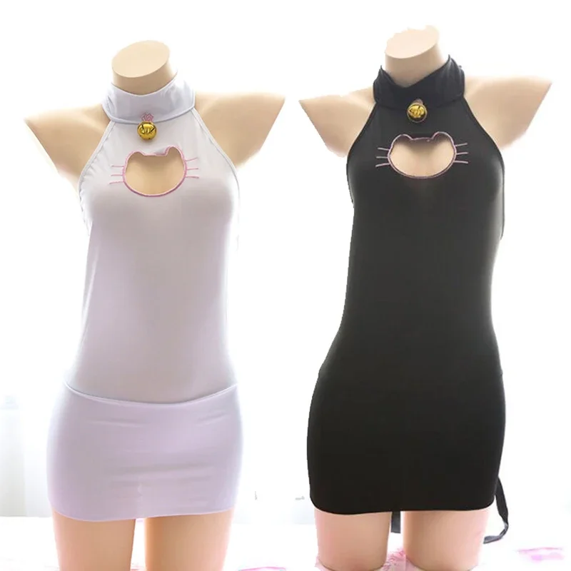 Kawaii Keyhole Cat Hollow Out Women Lingerie Set Skinny Dres Neko Cat Tail White & Black 2025 Sexy Cosplay Costume