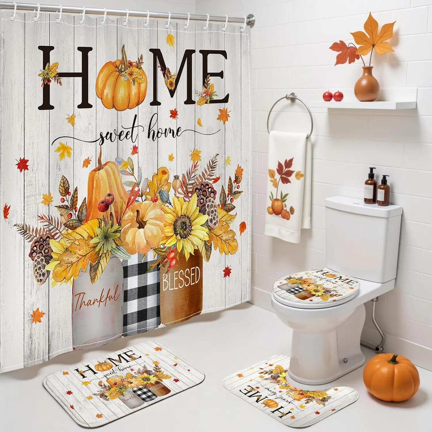 

4 Pcs Fall Shower Curtain Set Autumn Pumpkin Maple Leaves Sunflowers with Shower Curtain Non Slip Bathroom Rug Toilet Lid Cover