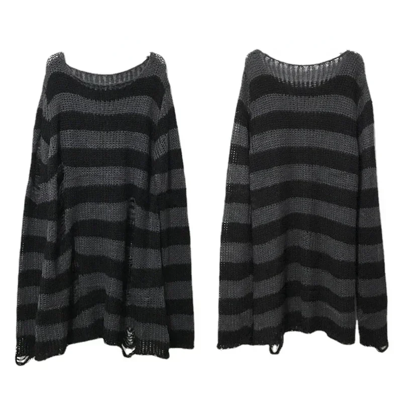 Autumn Women Punk Gothic Long Unisex  Sweater Striped Cool Hollow Out Hole Broken Jumper Loose Rock Thin Dark Streetwear Top