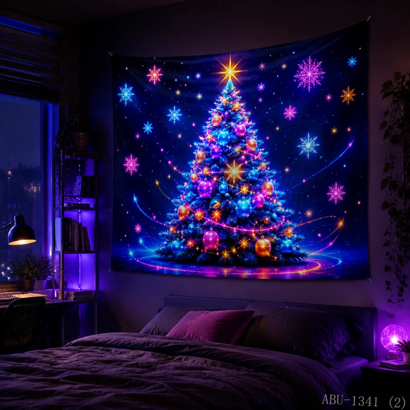 VIKAMA Cyber Grid Perspective Channel Neon Gift Box Mirror Christmas Tapestry Wall Hanging Decor for Living Room
