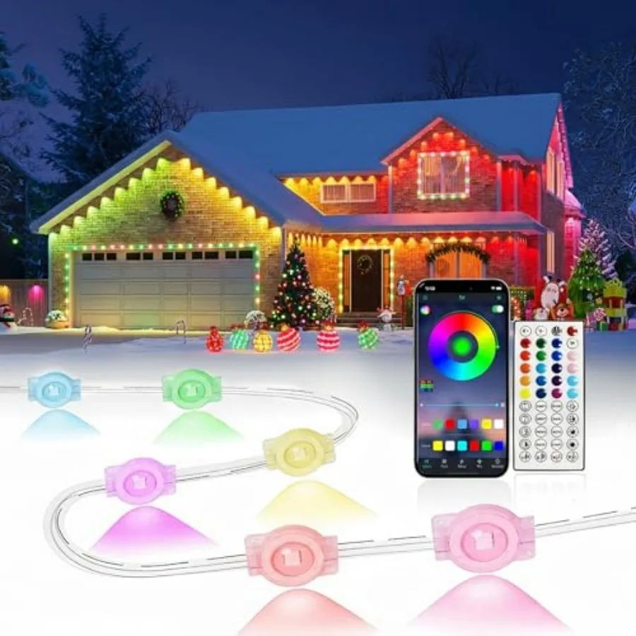 

200-футовые уличные светодиодные гирлянды Smart RGB для карнизов дома, IP67, водонепроницаемые, с управлением через приложение/пульт ДУ