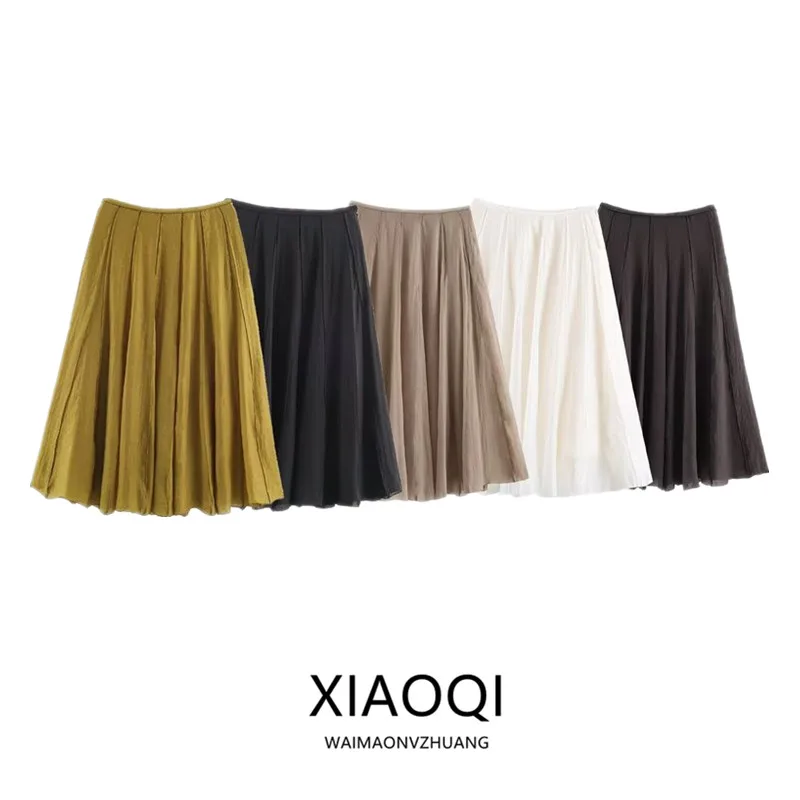 Summer 2026 New Women's Midi Skirt Pleated Draped A-Line Skirt Standard Fit Chinese Production Word Other Fabric Other Process