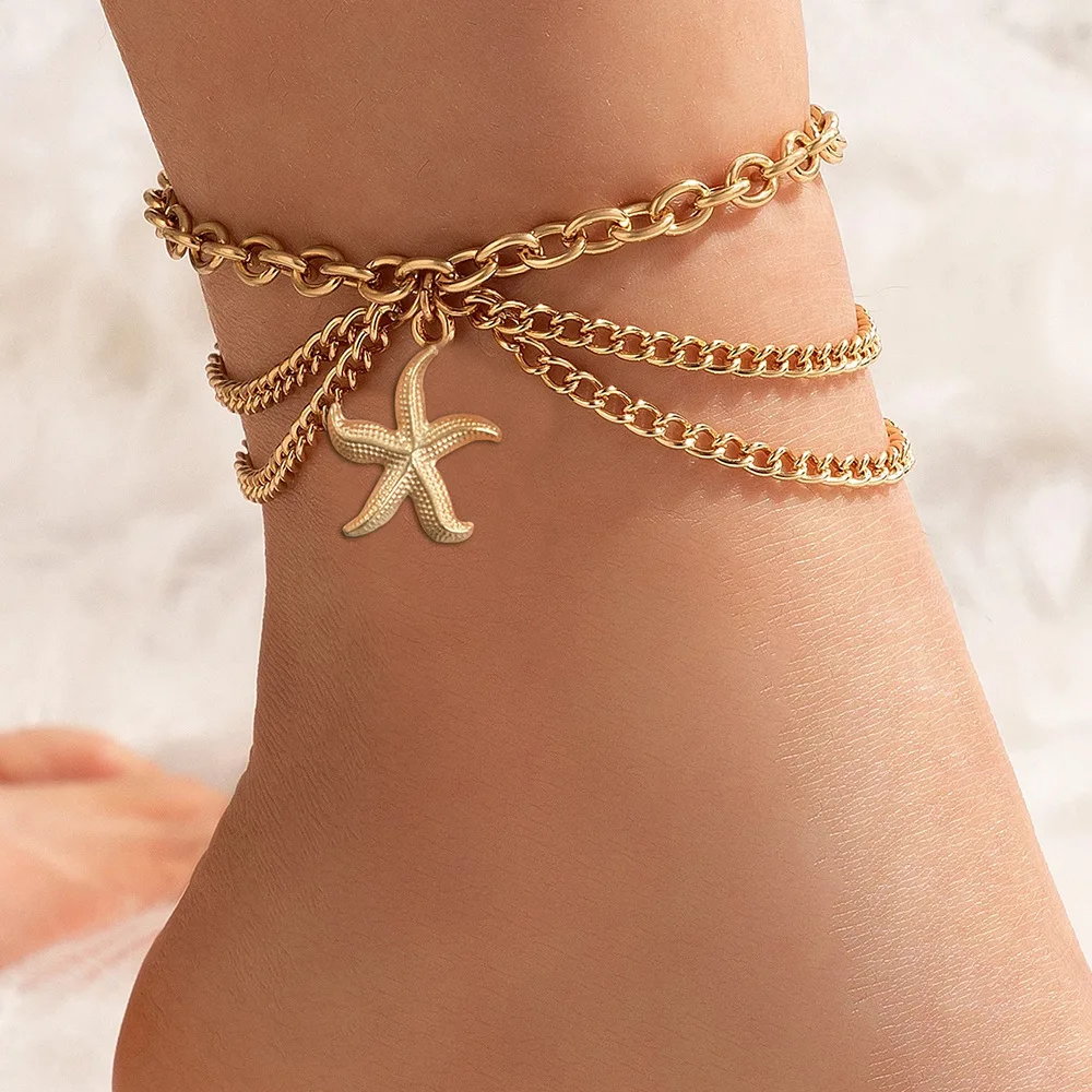 Stainless steel gold ankle chain retro style beach shell starfish double-layer stacked ankle chain women's jewelry gift