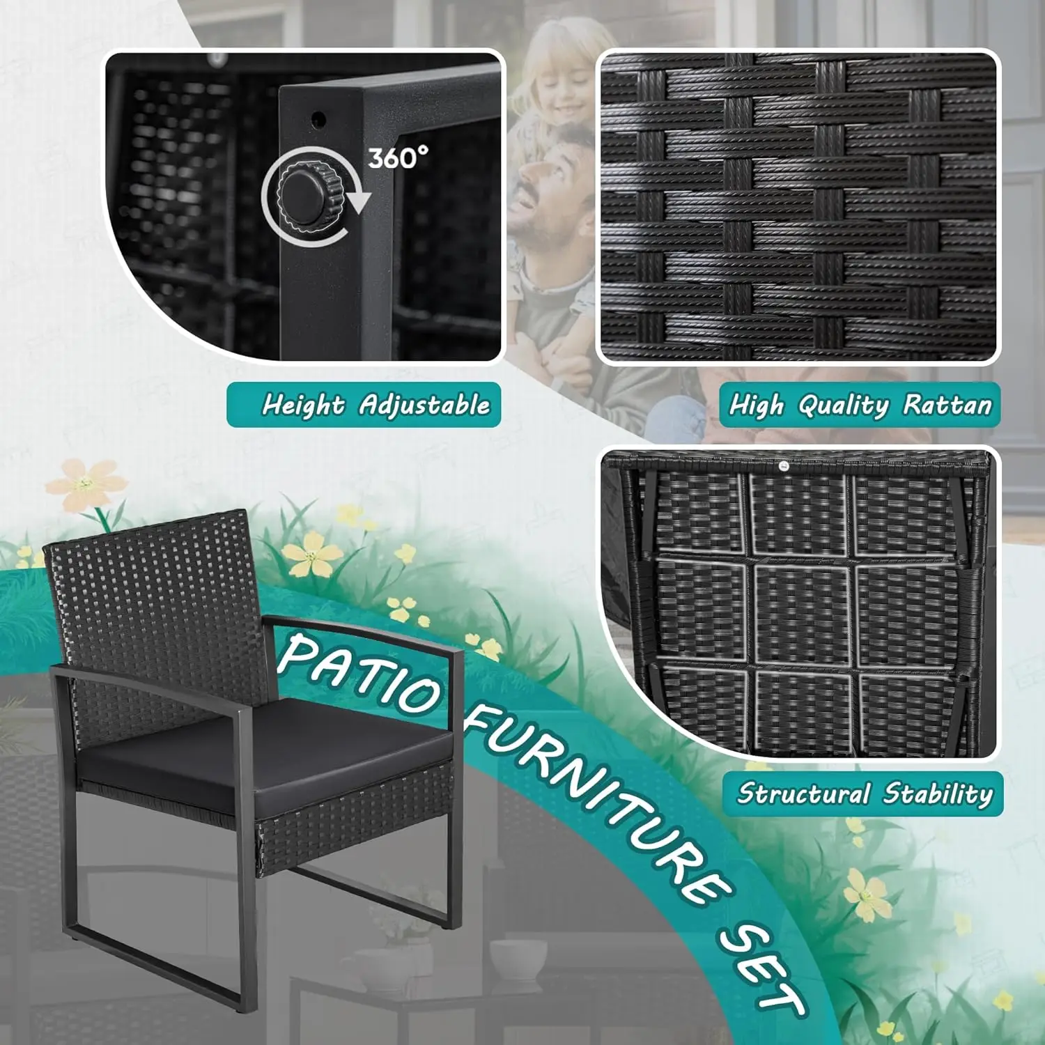 [New Arrival!]3 Piece Wicker Conversation Bistro Sets Outdoor Patio Set Modern Rattan Chair Furniture Sets with Coffee Table for