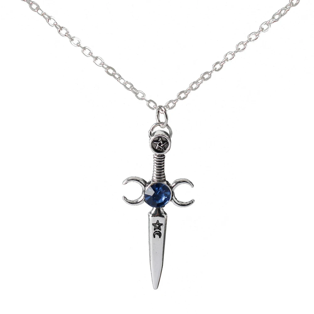 

Punk Men Sword Pendant Necklace Double-stringed Moon Sword Sapphire Necklace Link Chain Jewelry Party Gifts