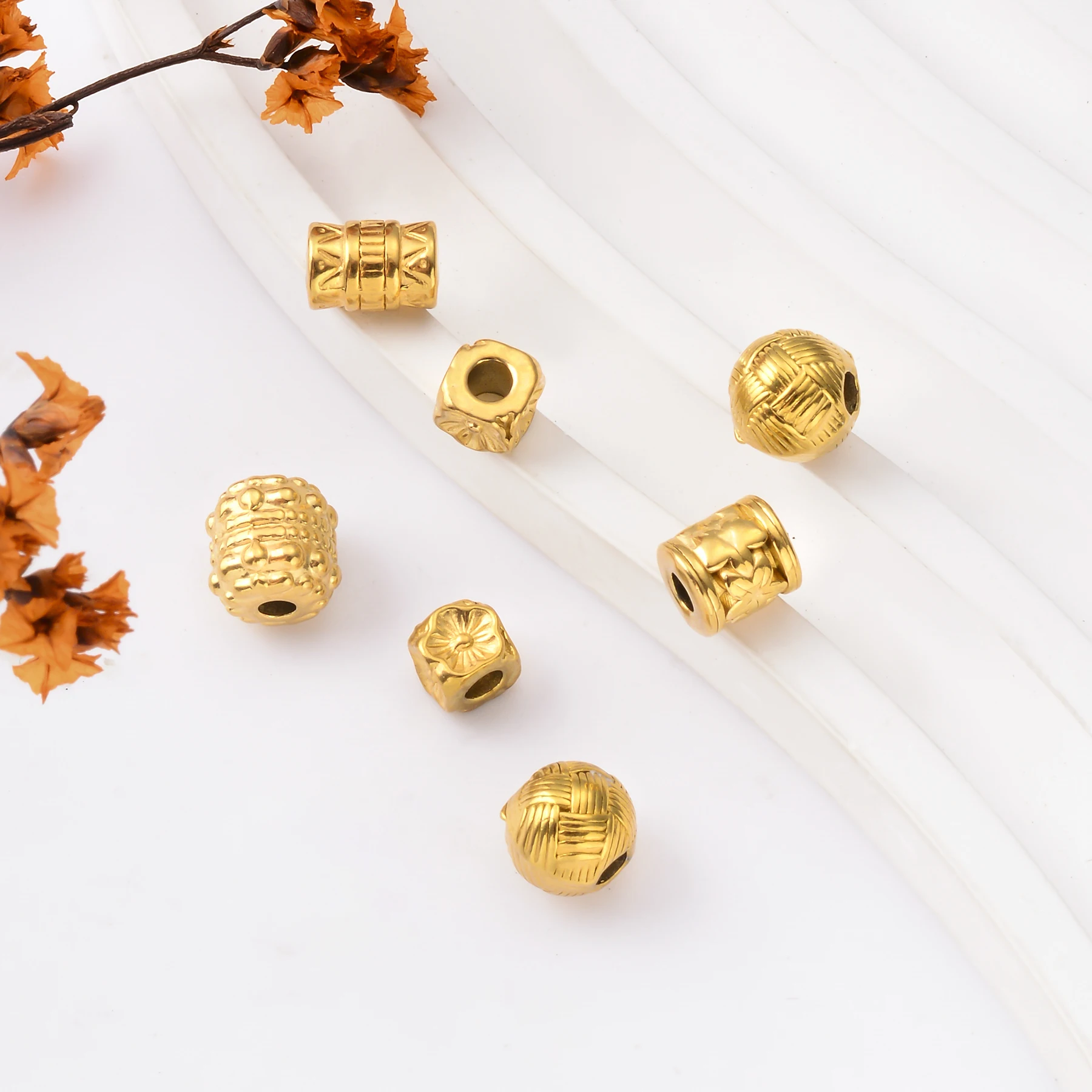10 buah manik-manik bola bunga tabung silinder berlapis emas untuk buatan tangan membuat gelang kalung logam baja tahan karat Aksesori
