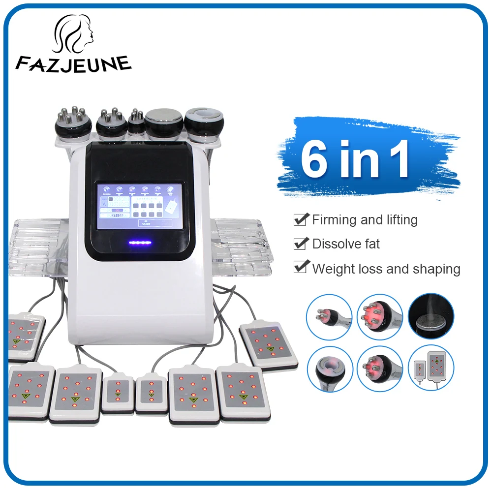 Machine à Cavitation 6 en 1 80K, appareil de beauté amincissant sous vide pour le corps, raffermissement de la peau, masseur corporel, 8 tampons, Laser Lipo, Anti-rides