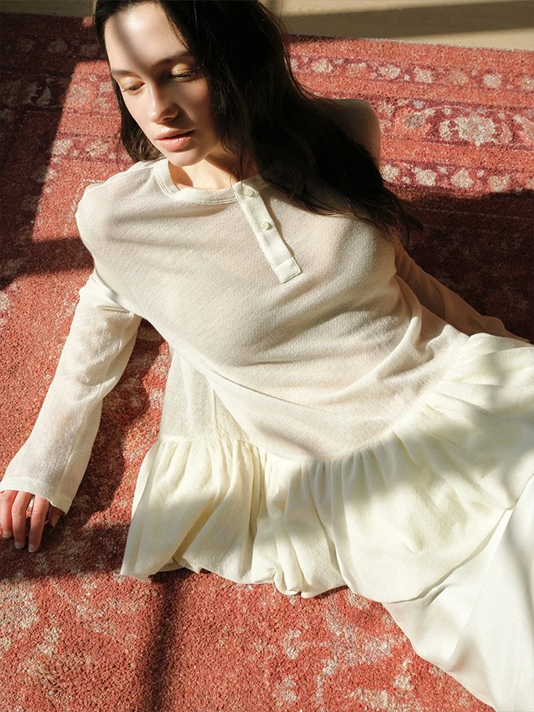 

Ownsong Beautiful Merino Wool Knitted Sweater Women's round Ne Ruffle Hem Base Layer Pullover Spring 2026 Casual Sle