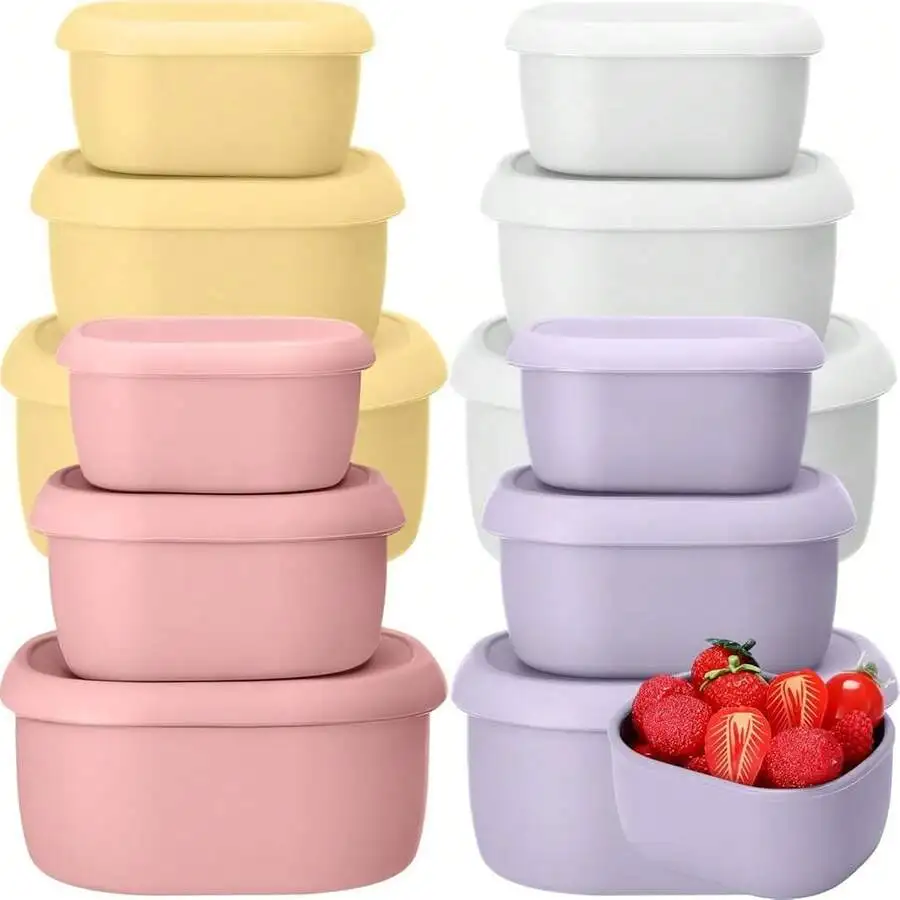 

12 Pcs Silicone Food Storage Containers With Lids Reusable Silicone Snack Container 3 Size Lunch Box Bento With Lids Freezer Dishwasher ,6.7oz, 10oz, 20oz (Macaroon Color)