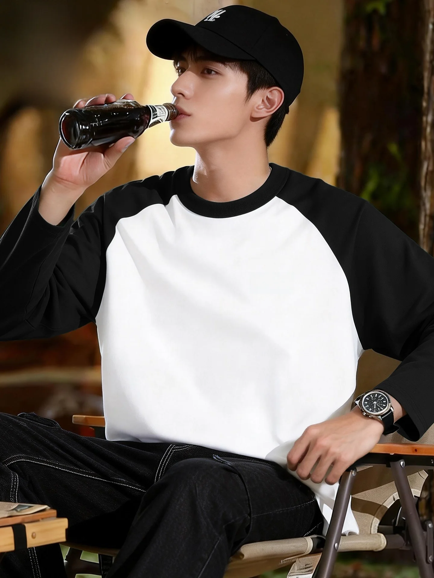 

Футболка с длинным рукавом из чистого хлопка, с круглым вырезом, для повседневной носки, дышащая, с защитой от катышков, цветные блоки