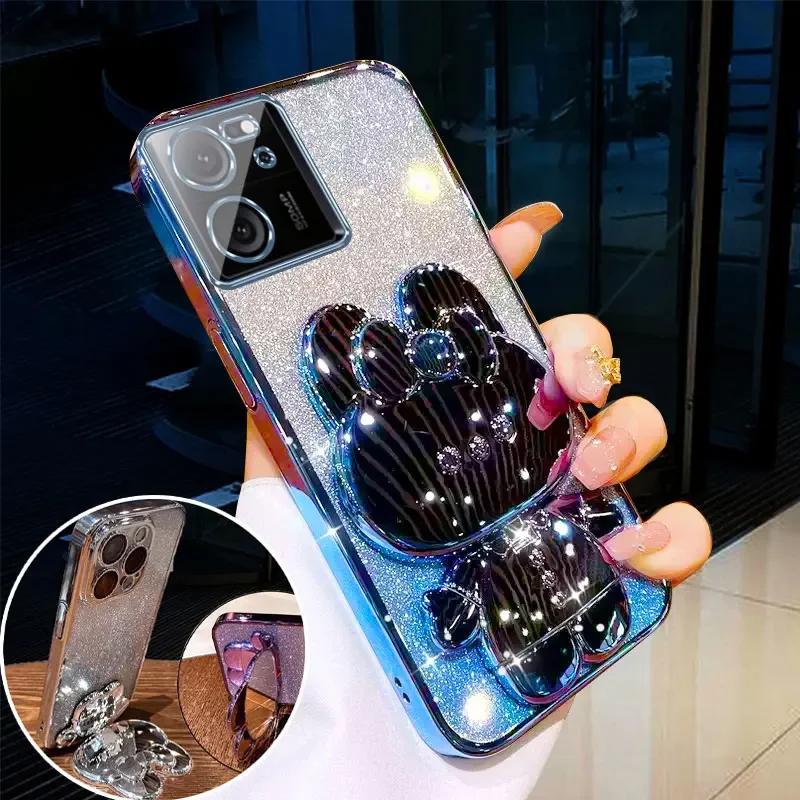 Luxury Glitter Plating Rabbit Holder Mirror Case for Redmi A3 13C 12 10 C R Note 13 Pro Plus 4G 5G  Shockproof Cover