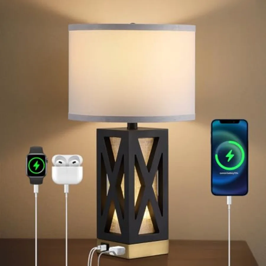 

Wood Table Lamp with 3 Color Temperatures Nightstand Table Lamp with AC Outlet USB A and C Charging Port Bedside Lamp for Livin