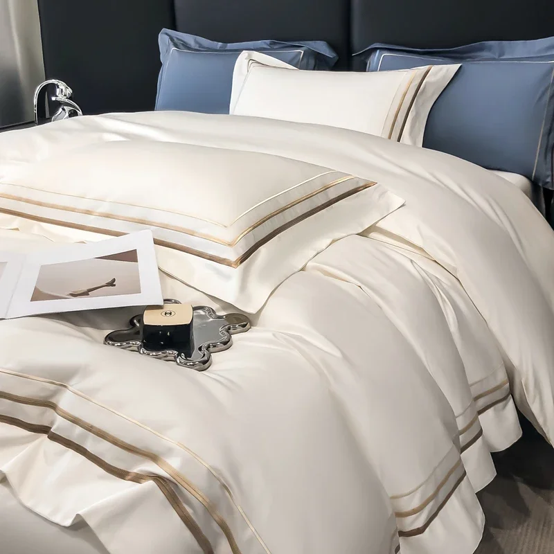 Stripes Embroidery Bedding Set Luxury White Egyptian Cotton Hotel Duvet Cover Bed Sheet Pillowcases Solid Color Home Textile