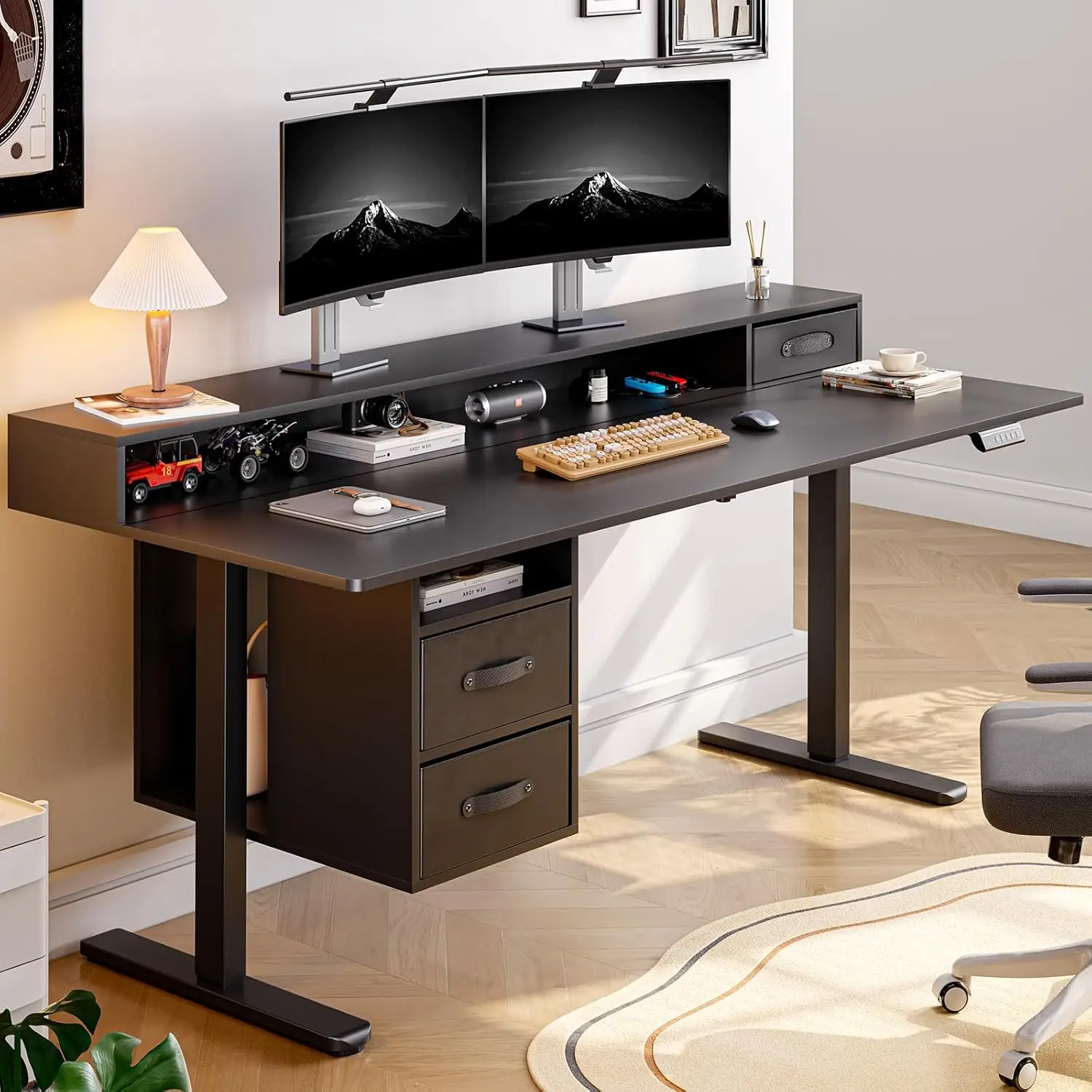 

Standing Desk with Drawers, 55x24 Inch Electric Stand Up Desk with 3 Drawers and Open Storage Shelf, Adjustable Height 2