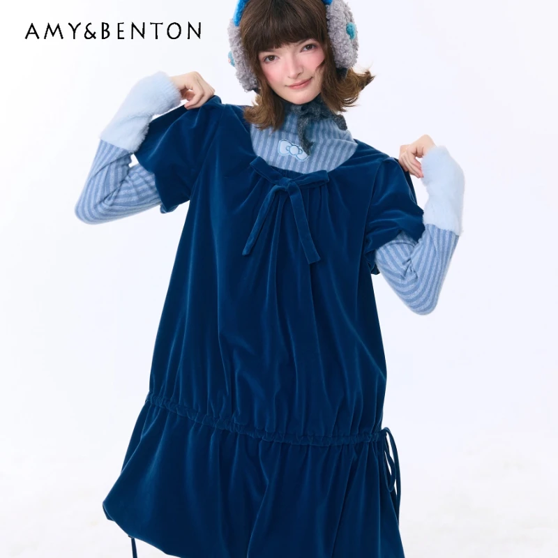 

Original Retro Design Deep Blue Sweet Cute Bow Women's Dress 2025 Autumn Winter New Loose Velvet Short Sleeve Dresses Ladies