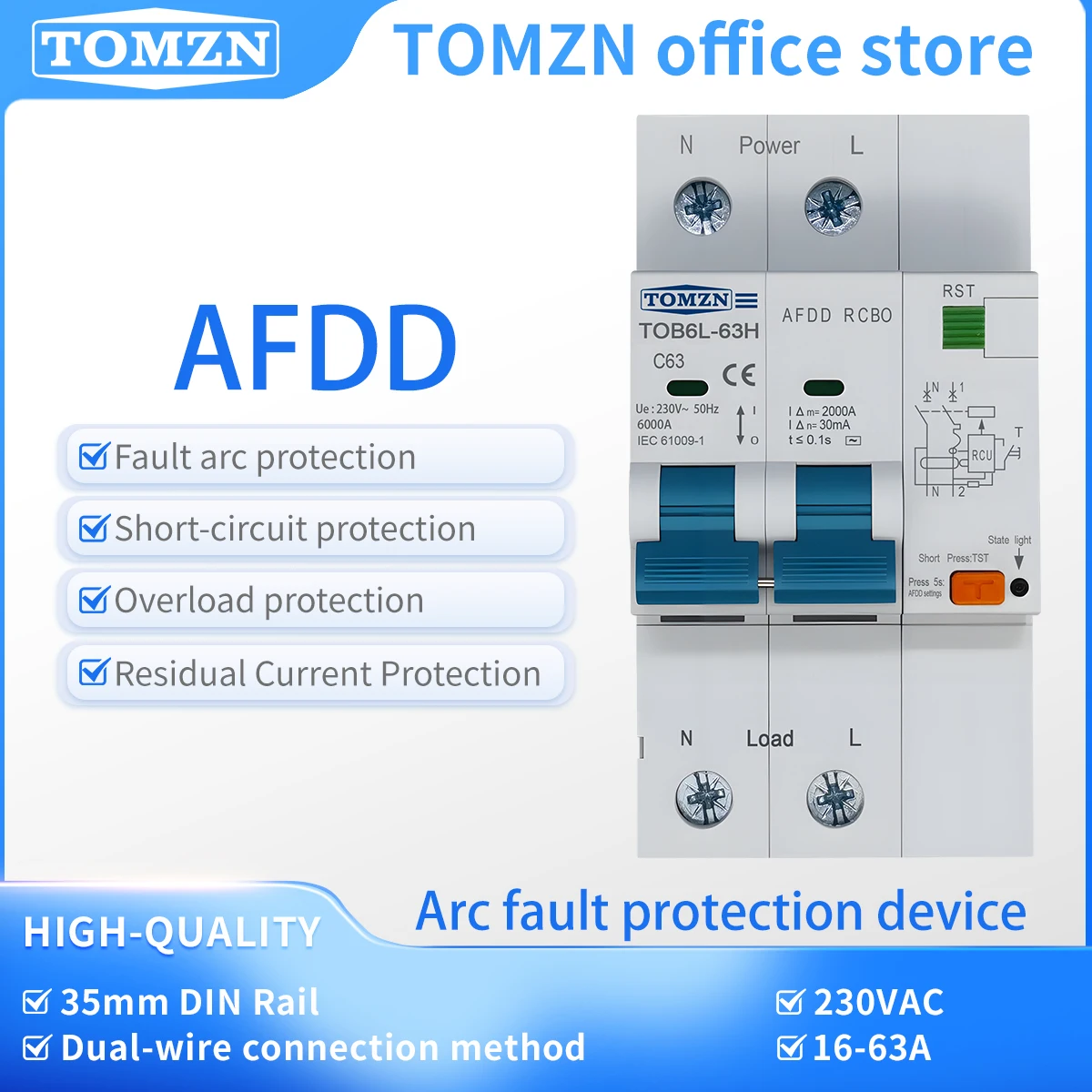 TOMZN Arc Fault Detection Device Residual Current Circuit Breaker with Overcurrent Protection 2P AC230V 10-63A AFDD RCBO 6000A