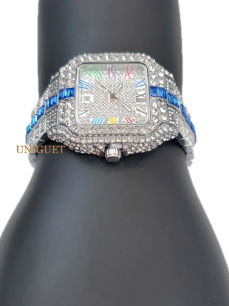 Orologi al quarzo da uomo blu ghiaccio con calendario con numeri colorati Orologio alla moda hip-hop per uomo Orologio da polso quadrato dal design di lusso regalo