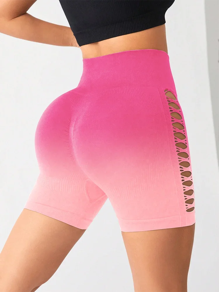 New Gradient High Waist Mesh Yoga Shorts Women\'s Running Fitness Hip Tight Sports Three-point Pants Gym Shorts biker shorts