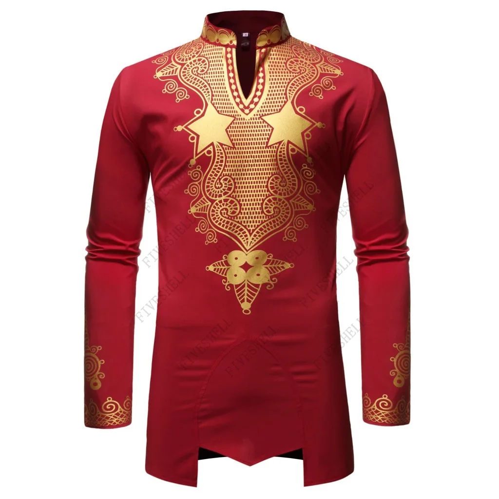 

2024 Luxury Metallic Gold Print Shirt Men Streetwear Casual African Clothes Men Traditional Africa Shirts Camisa Masculina