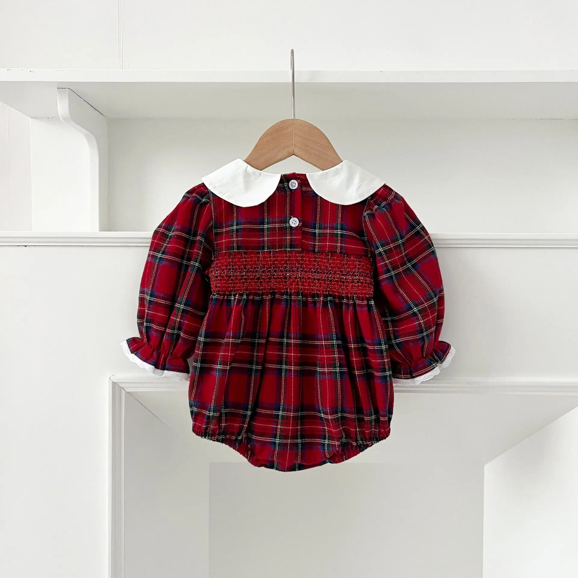 Neue Weihnachten Kleinkind Baby Mädchen Strampler Lange Ärmel Grid Strampler Herbst Neugeborenen 0-24M Spleißen Infant Baby mädchen Rot Overall – Detail 3