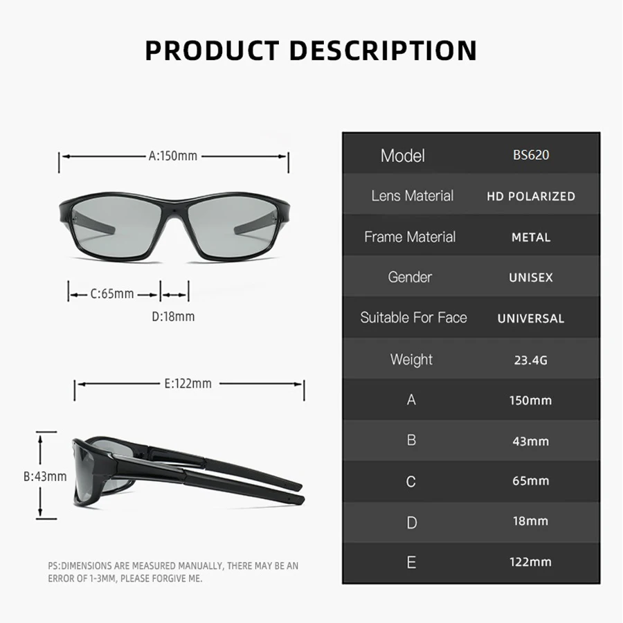 Modische Photochrome Polarisierte Sonnenbrille für Männer und Frauen Vintage Quadratische Sonnenbrille Markendesigner Fahr- und Angelbrillen – Detail 4