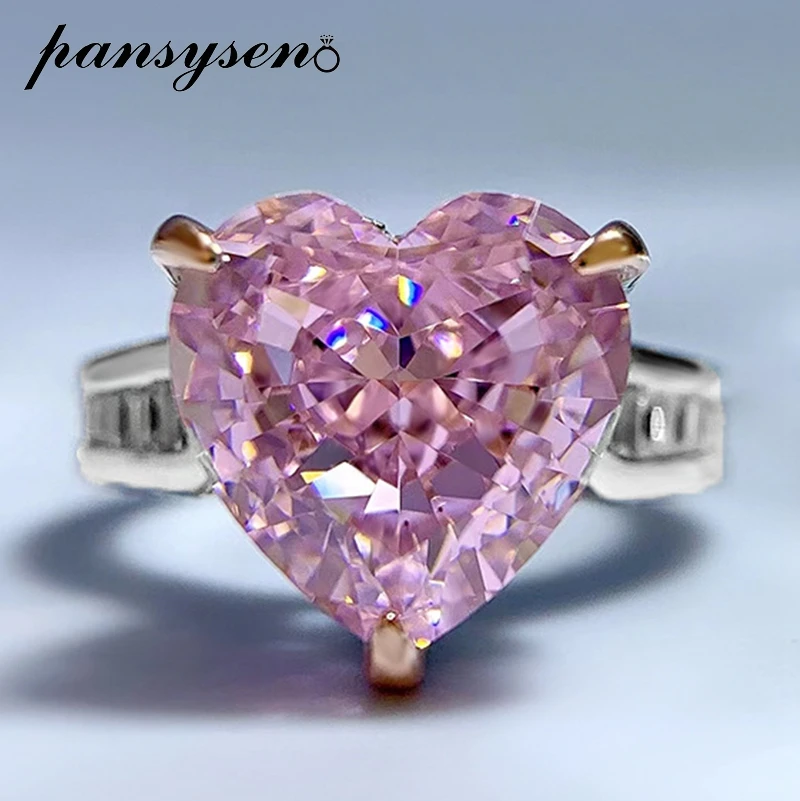 

PANSYSEN Romantic Heart Cut 11MM Pink Sapphire High Carbon Diamond Wedding Engagement Ring Luxury Solid Silver 925 Fine Jewelry