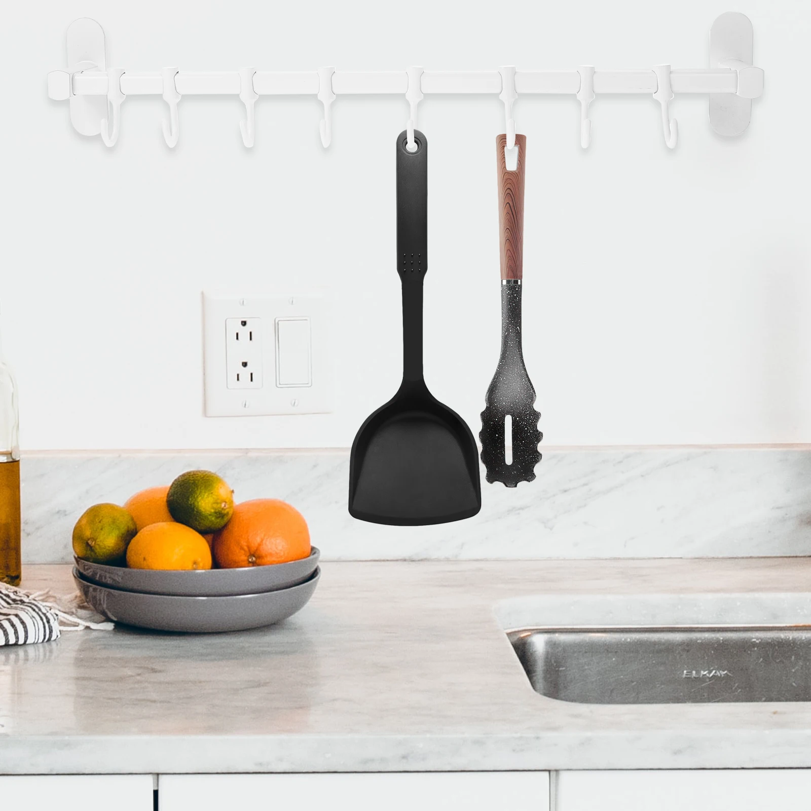 

8-Hook Wall Mounted Utensil Aluminum Space Saving Organizer Hanger Rail Shelf Storage Holder Wall Mount Rail With Hooks