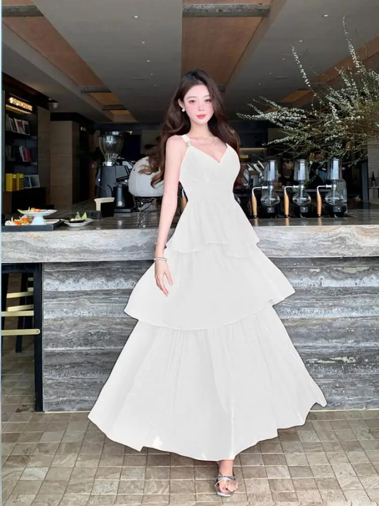 

Summer Vintage White Elegant Sleeveless Backless Ruffle Edge Party Slip Long Dress Women New Sexy High Waist Vacation Cake Dress
