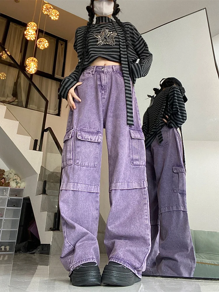 Oversize Vintage Purple Denim Cargo Pants Women European Style Loose Straight High Waist Wide Leg Jeans Multi-Pockets Trousers