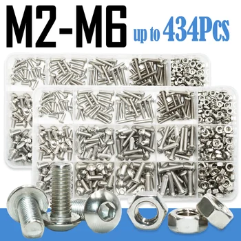 A2 304 Stainless Steel Button Head Hex Socket Cap Screws Kit M2 M3 M4 M5 M6 for Car Furniture Allen Hex Drive Machine Bolts Nut
