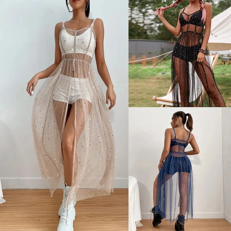 

Street Halter Mesh Bikini Cover-up Dress See-through Mesh Sexy Slim Dress Beach Holiday Sequined Split Midi Beach Smock Dresses