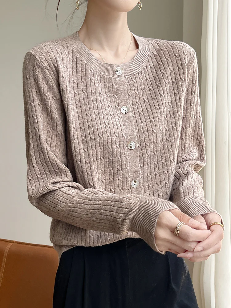 Autumn Winter Merino Wool Women's Knitted Cardigan, Fashionable and Elegant Round Neck Cardigan, Loose Knitted Jacket Sweater