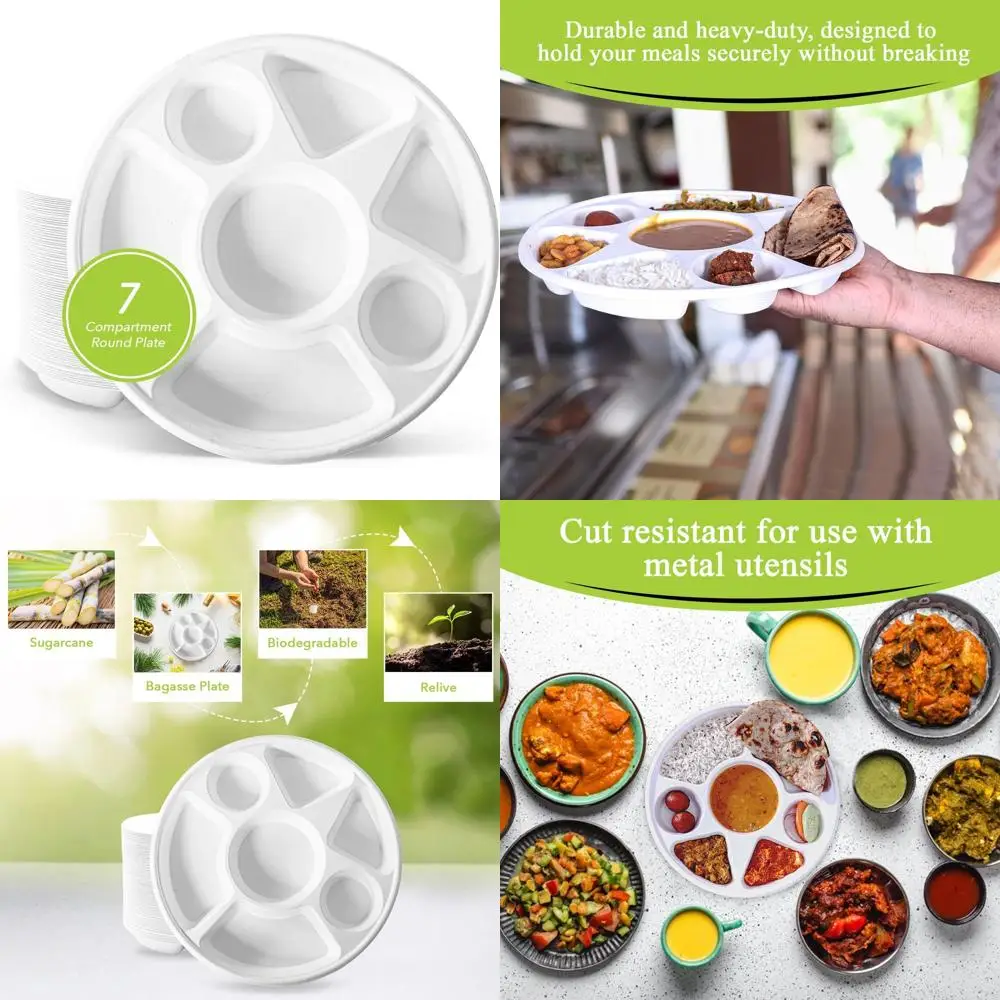 

Eco-Friendly 7-Section Round Bagasse Plates, 200 Count, Heavy-Duty Biodegradable 7-Compartment Disposable Plates