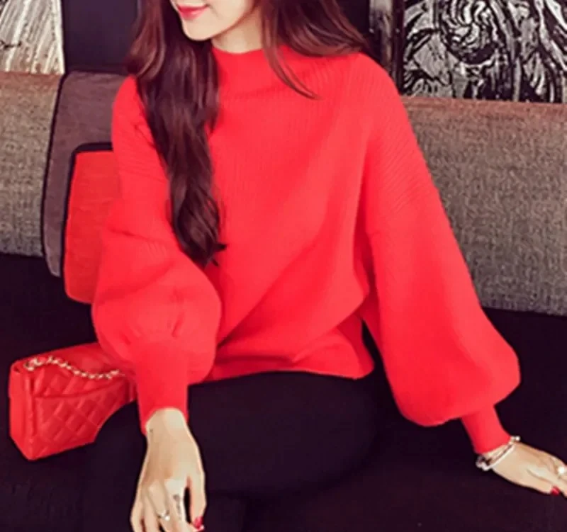 

Loose Women's Knitted Sweater Autumn Winter New Style Korean Half High Collar Lantern