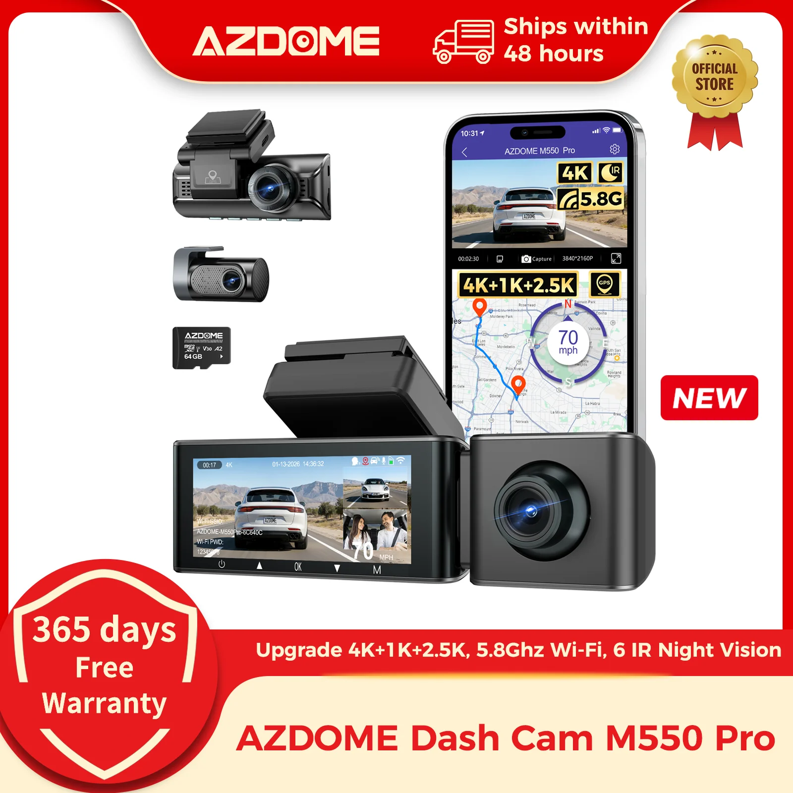 AZDOME M550 Pro kamera dasbor mobil, DVR 5.8Ghz WiFi 3.19 "IPS 2 atau 3 saluran kamera dasbor GPS penglihatan malam ganda 4K + 1080P Monitor parkir