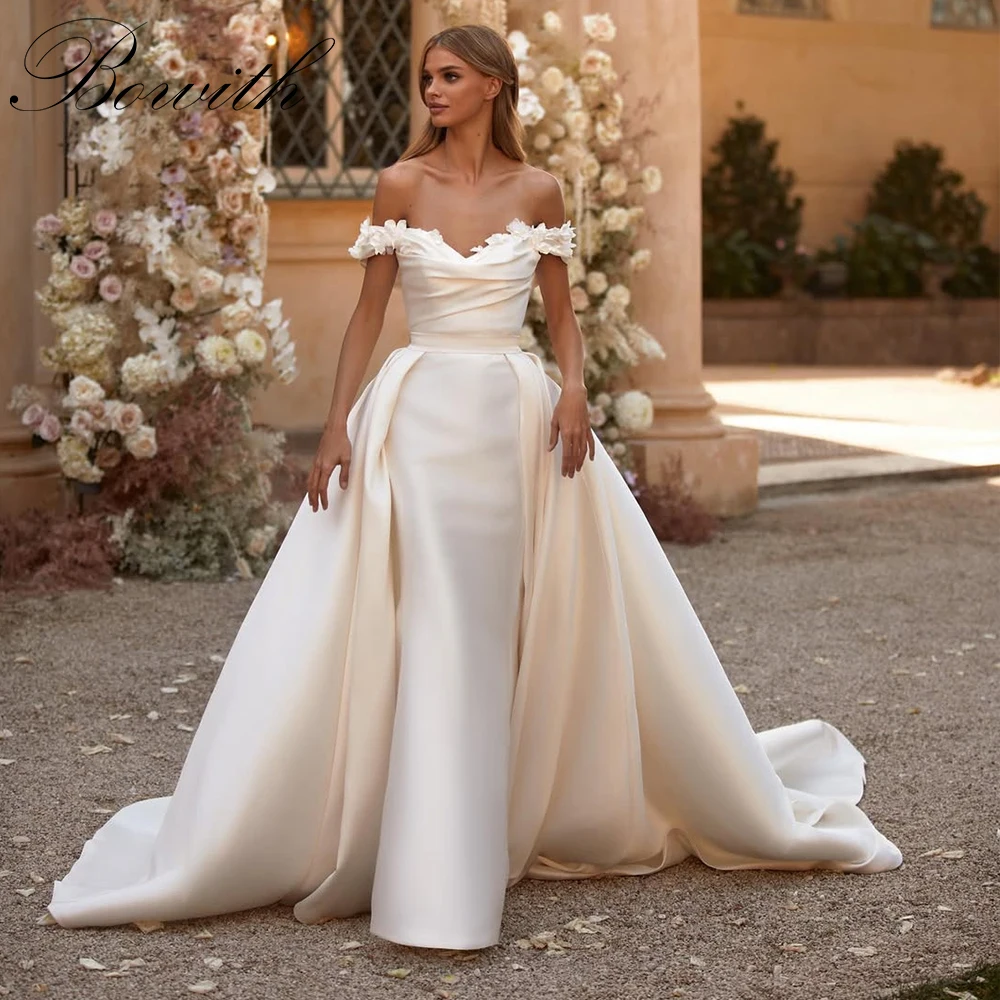 

Свадебное платье русалки Bowith с открытыми плечами, 2024, атласное платье ручной работы со съемным шлейфом, платье невесты на шнуровке сзади по индивидуальному заказу