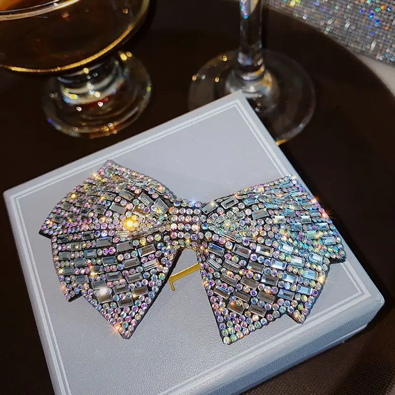

New Ladies High-end Beautiful Crystal Bow Clip with Rhinestones Internet Famous Temperament Diamond Inlaid Edge Clip Headband