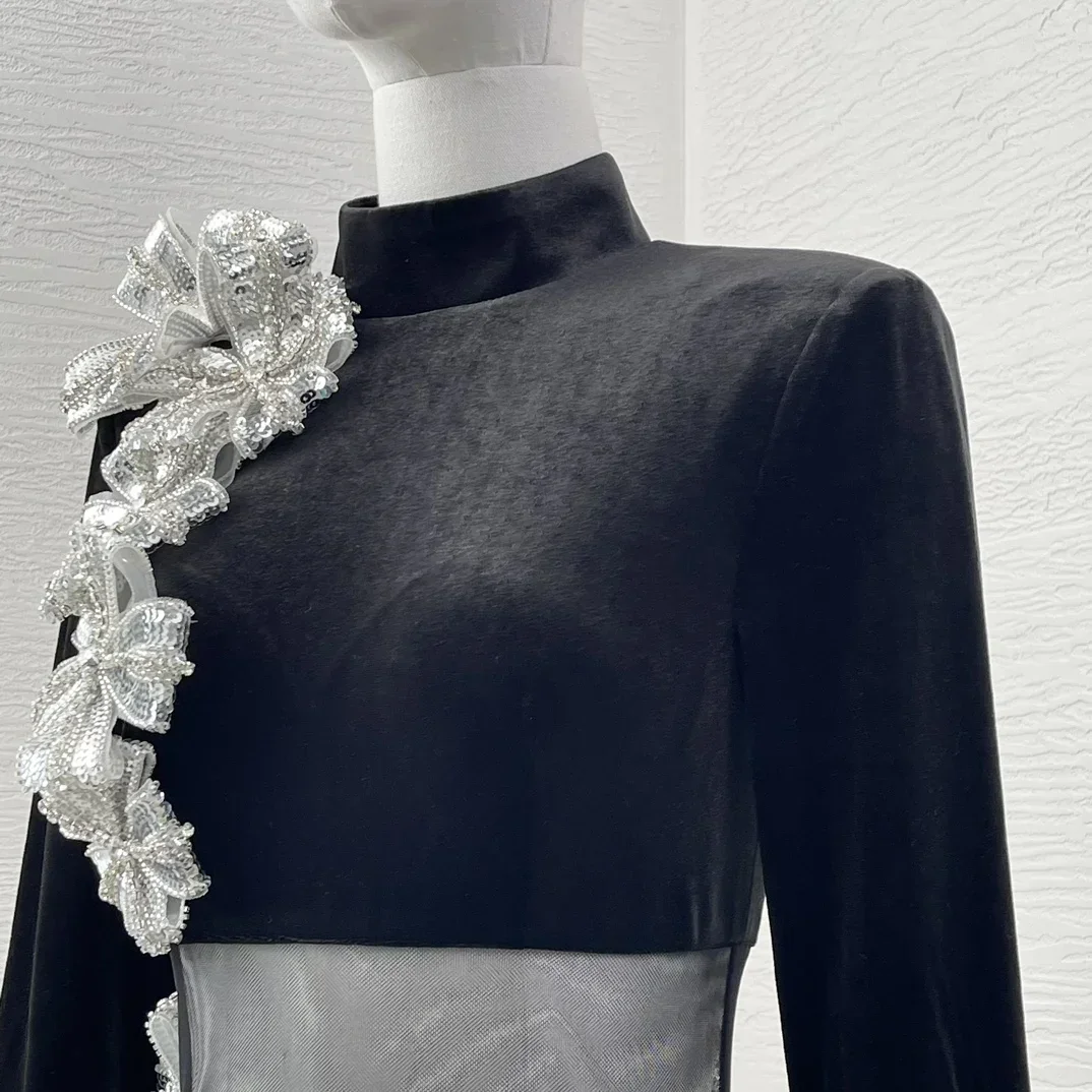 Paillettes fleurs 2024 nouveau Club Sexy noir voir à travers la taille en Tulle haute qualité à manches longues col roulé Mini robes pour dames