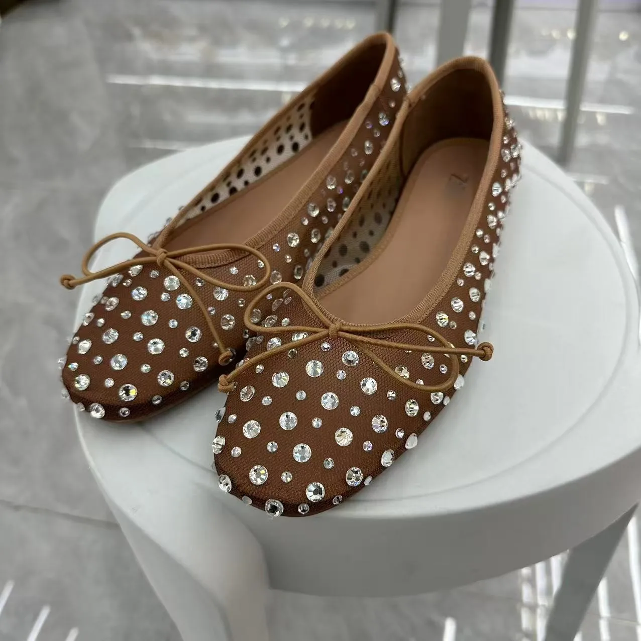 

Browan Flat Bot Single oes Women's Soft Sole round Head Knot Decorated Water Diamond Dancing oes Casual Sle