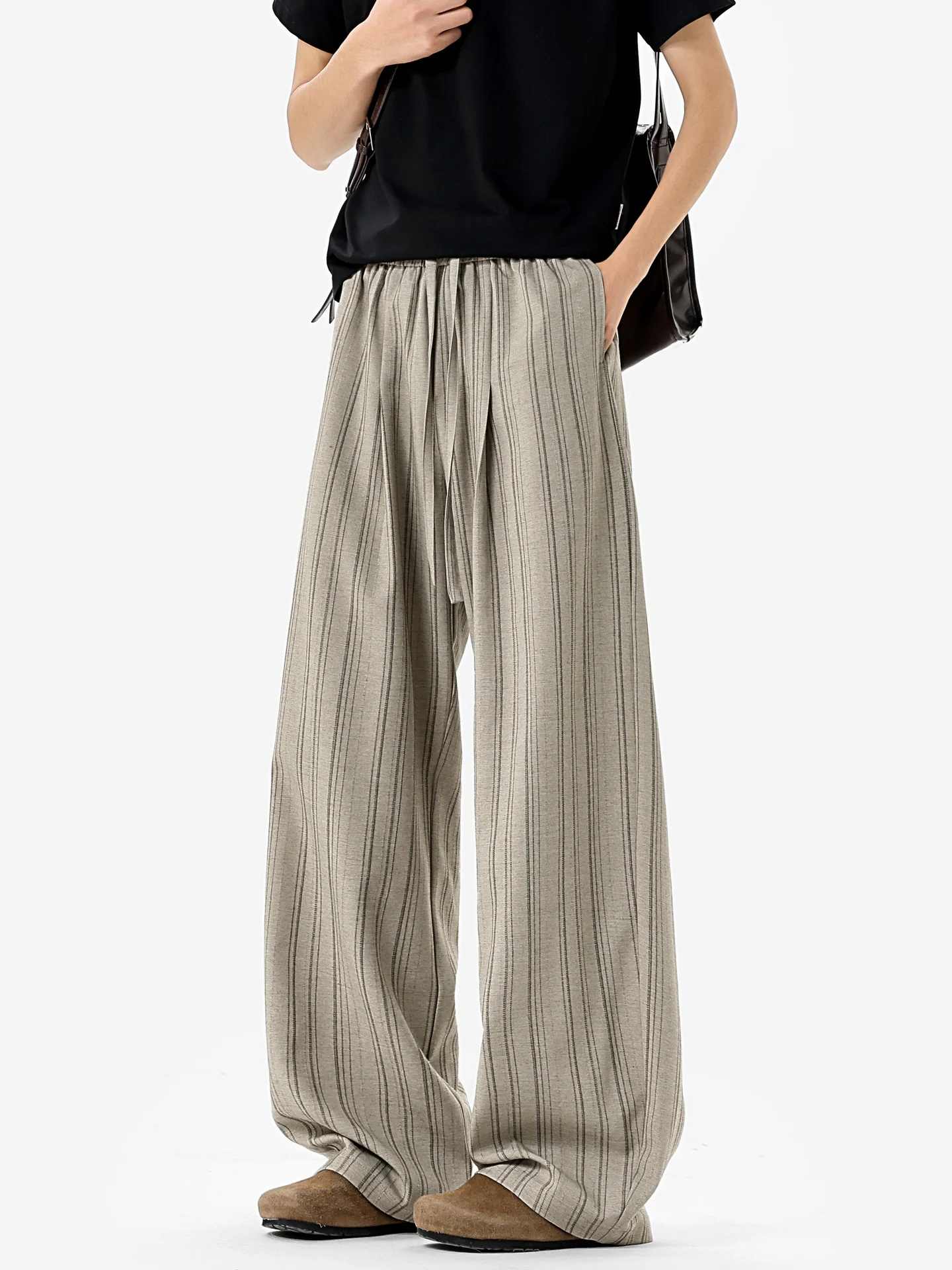 

Retro Striped Dstring Elastic Loose Wide Leg Pants Men's Women's Casual Trousers Drapey Sle Casual Wear Spring Season