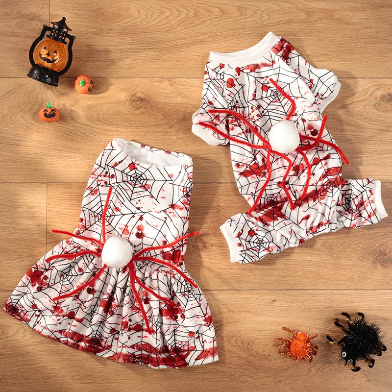 1pcs Terrifying Blood Spider Printing White Dresses and Jumpsuits for Dogs Halloween Pet Clothes for Small and Medium-sized Dogs