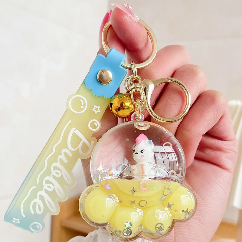 Creative Oily Unicorn Doll Sequins Key Chain Cartoon Floating Bear Paw Quicksand Bottle Liquid Keychain Cute Women Bag Keyring