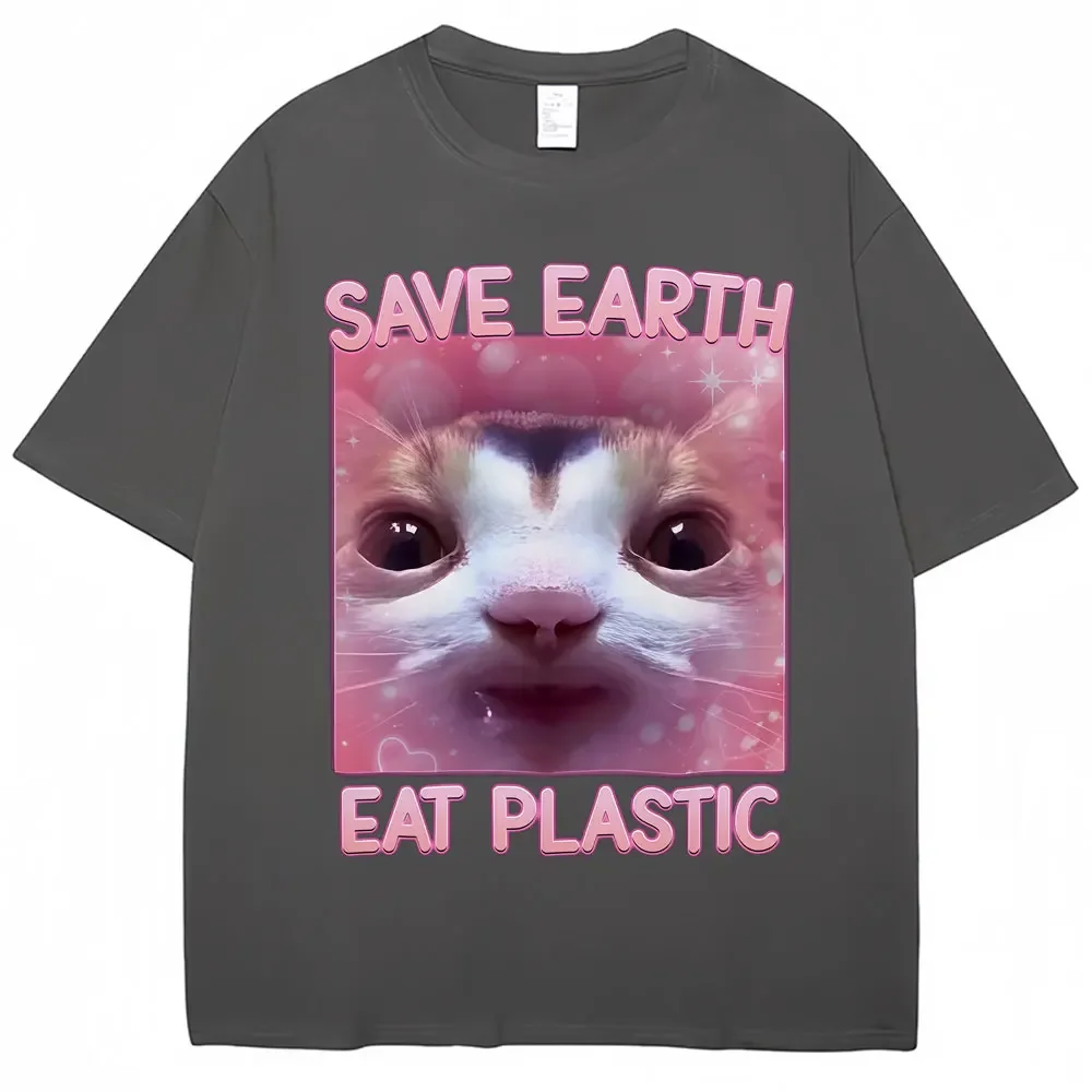 Save the Earth by Eating Kunststoff süße Katze Emoji T-Shirt Damenmode ästhetisches T-Shirt lässig übergroßes Sommer süßes T-Shirt