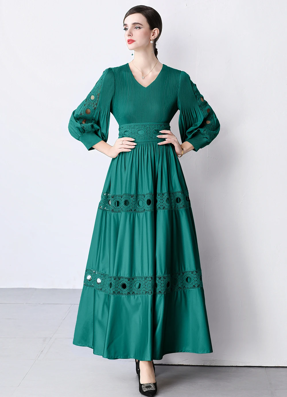 Abito lungo lungo autunnale stile Miyake - Abito da cocktail stile principessa in pizzo francese elegante a mezza manica in vita snellente