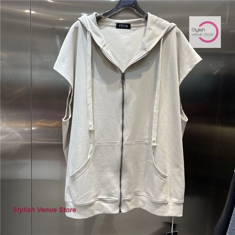 American fashion street letters cartoon print hooded zipper cardigan sweater women's summer loose casual vest short sleeves