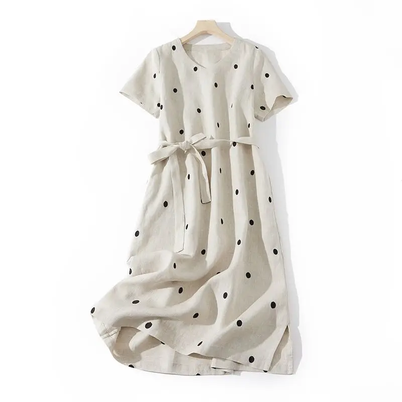 2024 New Linen Vintage Print Polka Dot Dress Women Summer Short Sleeve Cotton Loose Casual Midi Dress Sundress Vestidos F207