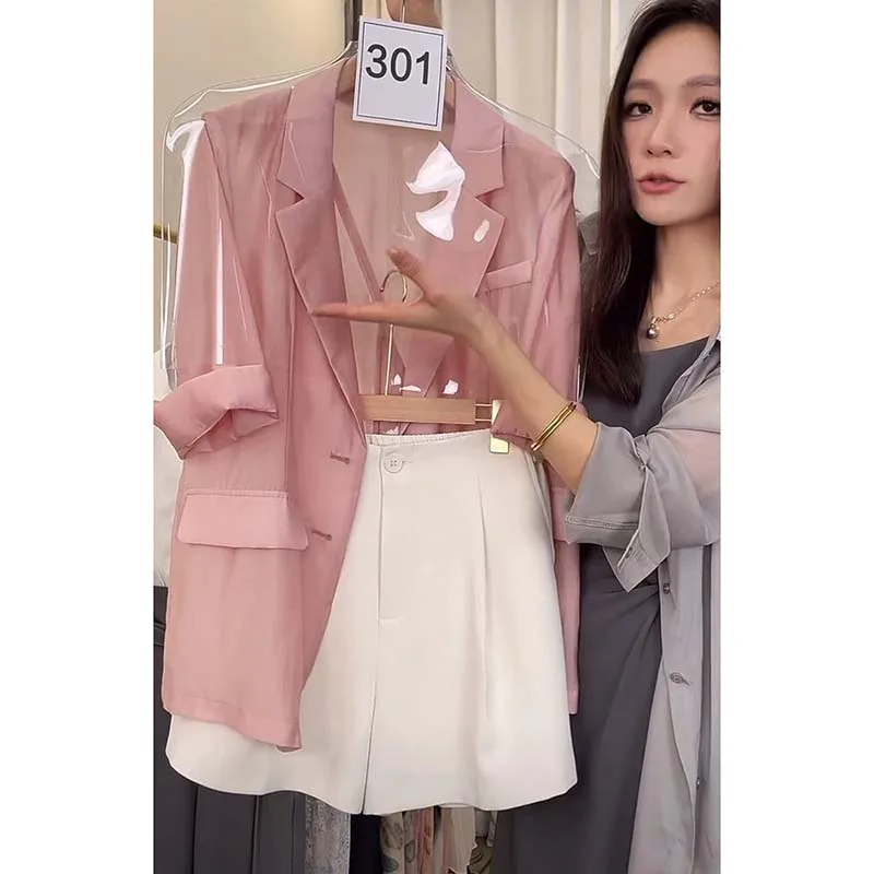 Pink Blazer Suit Shorts Set Women's 2026 Summer Chiffon Shirt Fashion Slim Fit Stylish And Casual Two-Piece Suit Jacket Women view 2