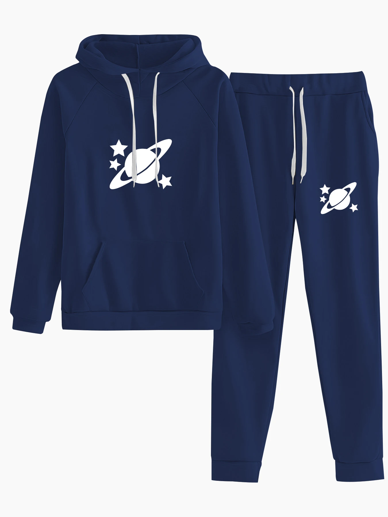 Essential autumn and winter fleece-lined thickened hooded sweatshirt and sweatpants set. Women's loose oversize hoodie and long pants two-piece set with planet and star print. European and American trendy style for men and women couples. Long-sleeved regular fit. Machine washable, durable and wearable. Women's casual versatile set. Warm, comfortable, windproof and slimming. Fashionable and trendy for going out and commuting. Practical and beautiful hooded design. Two-piece set of sweatshirt and jogging pants. Women's clothing